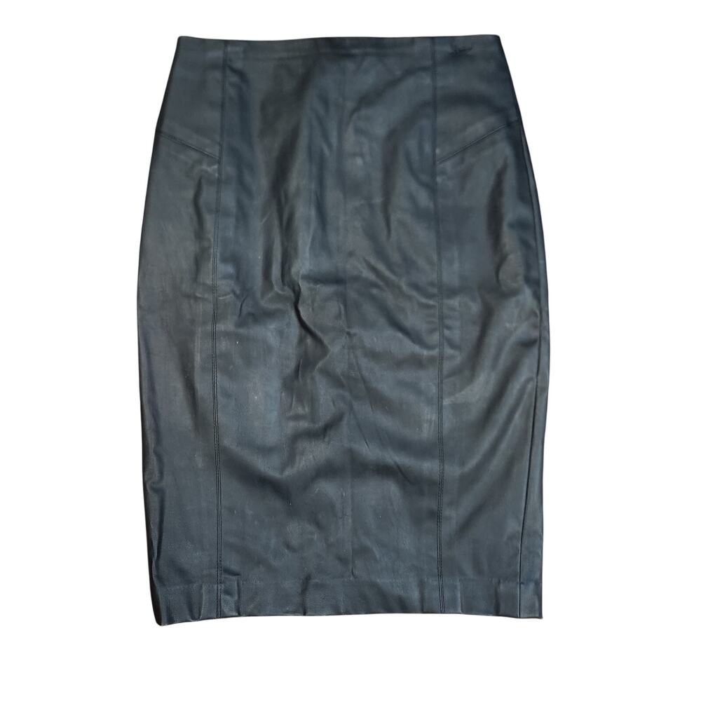 Express Black Faux Leather Pencil Midi Skirt Size 8 Full Back Zip Slit